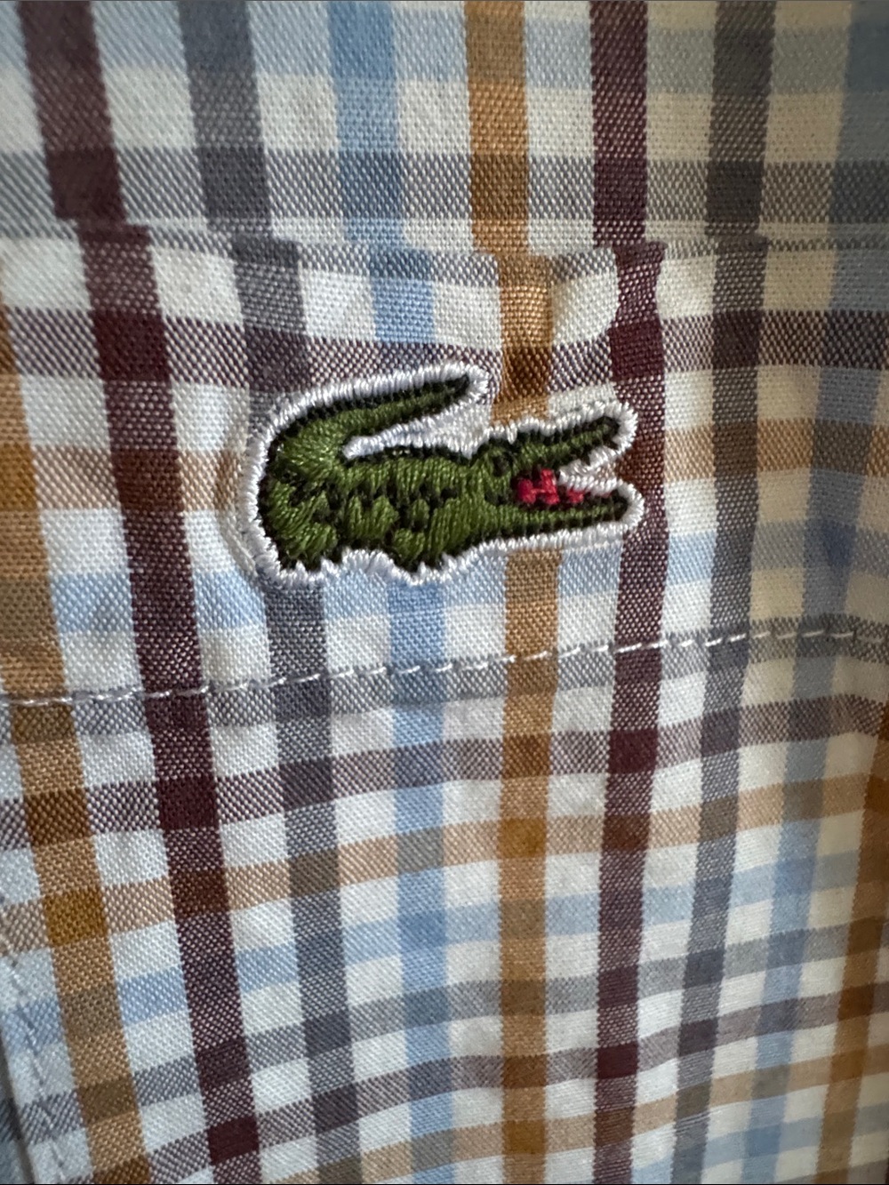 Lacoste Plaid Brown Blue White Button-Down Shirt with Embroidered Green Croc